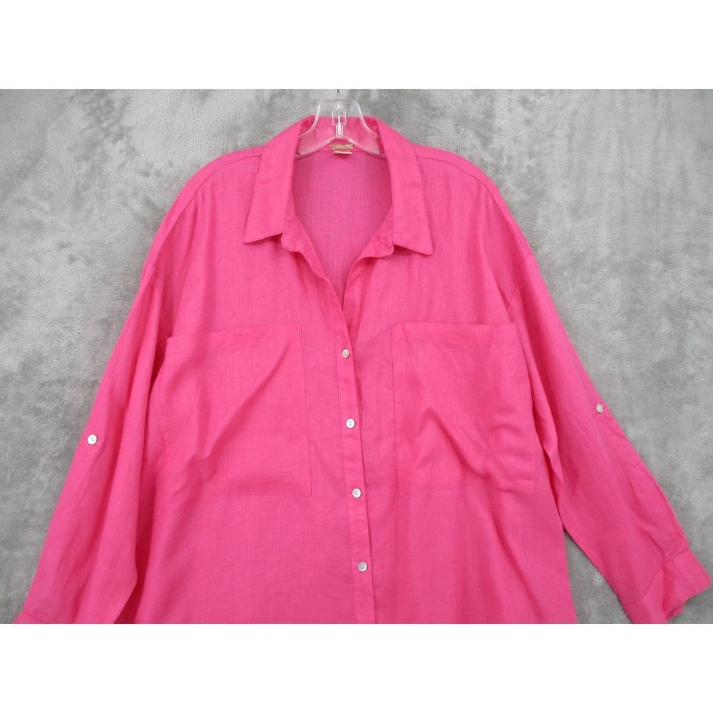 Magaschoni Blouse Womens Large Linen Button Up Oversized Long Sleeve Pocket Pink - Picture 3 of 9